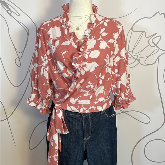 Good Time USA Tops - Floral Ruffle Blouse - Pink and White